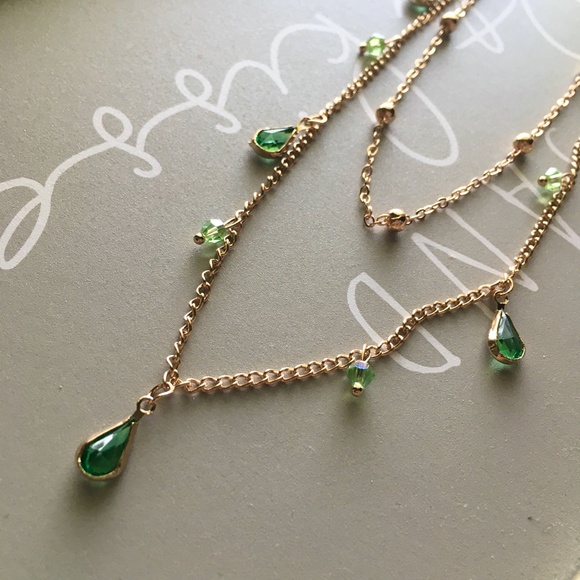 Water Drop Green Tear Shaped Layered Gold Necklace - Picture 3 of 7